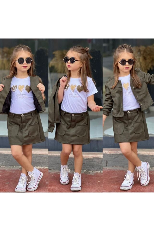 kız takım süet ceketli etekli kız takım 3 lü kombin cepli kalp düğmeli Yeşil - 5-6 Yaş