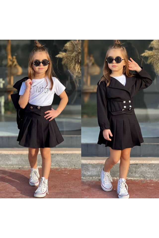 double kumaş 3 lü etekli ceketli kız takım Siyah - 4-5 Yaş