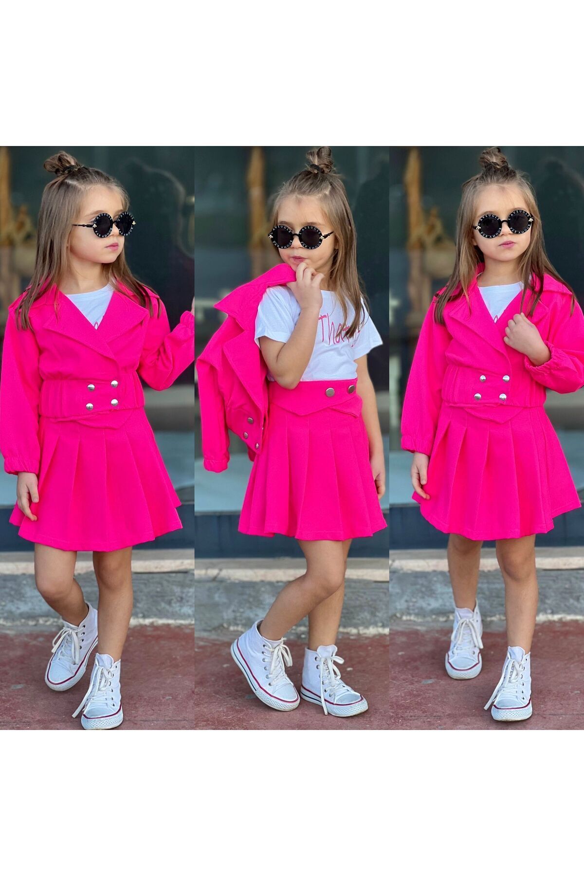 double kumaş 3 lü etekli ceketli kız takım fuşya - 7-8 Yaş