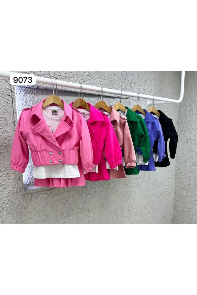 double kumaş 3 lü etekli ceketli kız takım Pembe - 3-4 Yaş