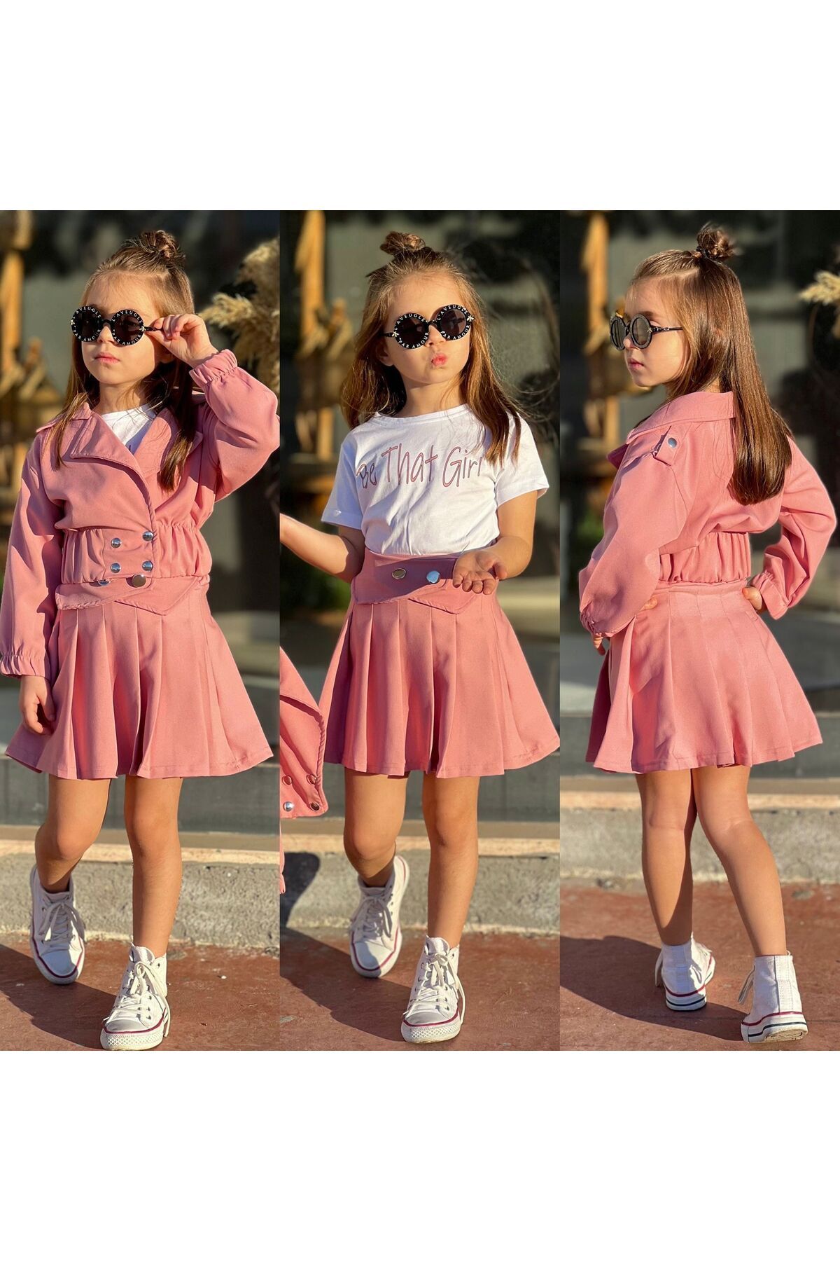 double kumaş 3 lü etekli ceketli kız takım Pembe - 3-4 Yaş
