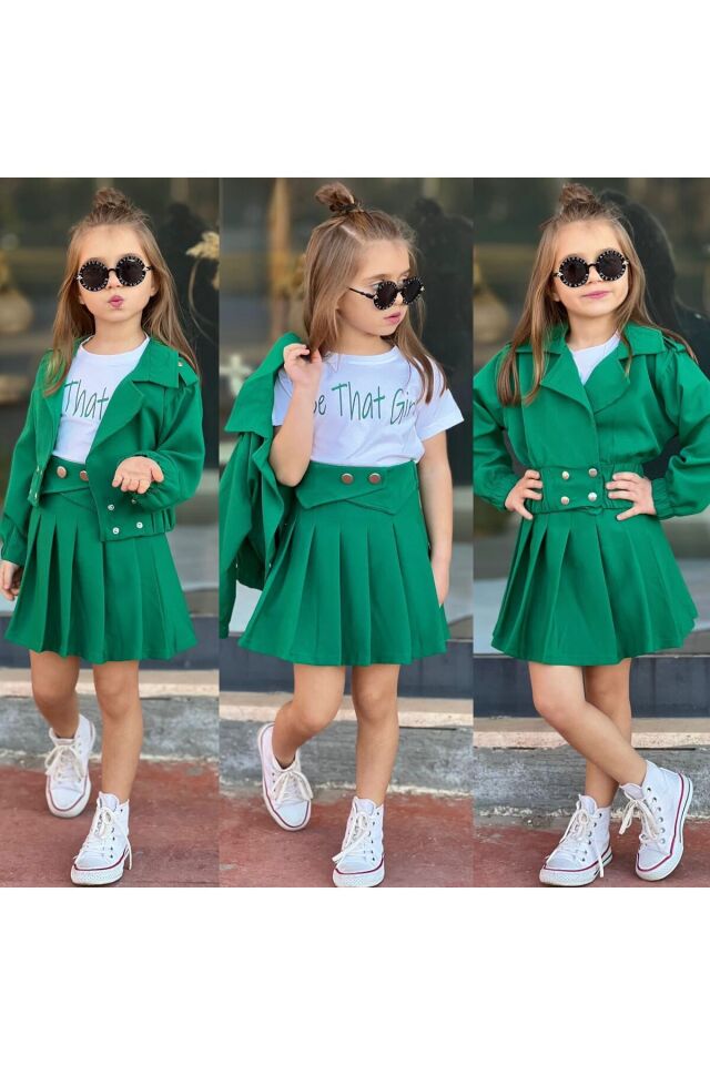 double kumaş 3 lü etekli ceketli kız takım Yeşil - 4-5 Yaş