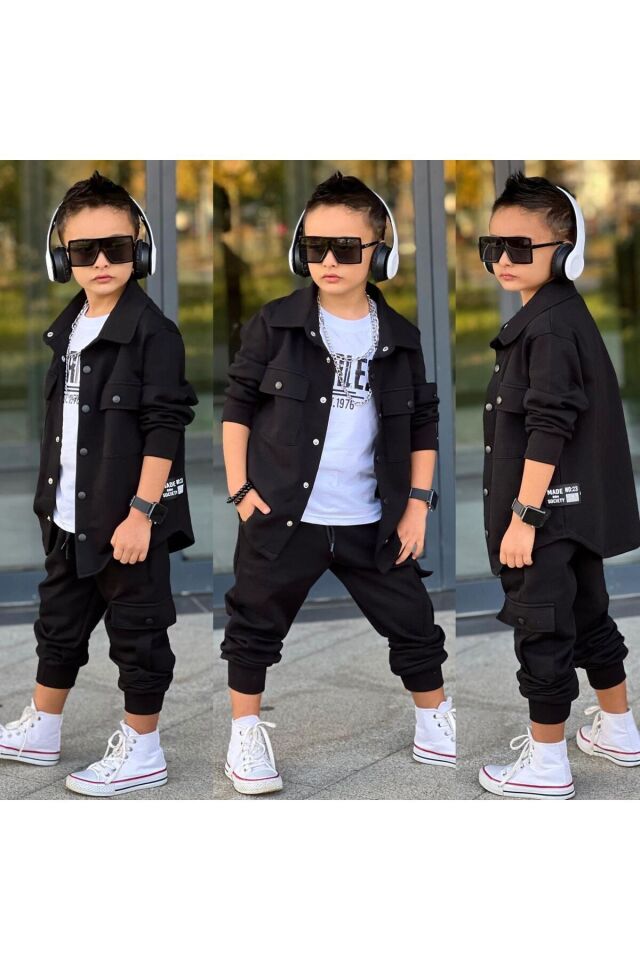 siyah cep kapaklı gömlek lek günlük 3 lü takım spor Siyah - 11-12 Yaş