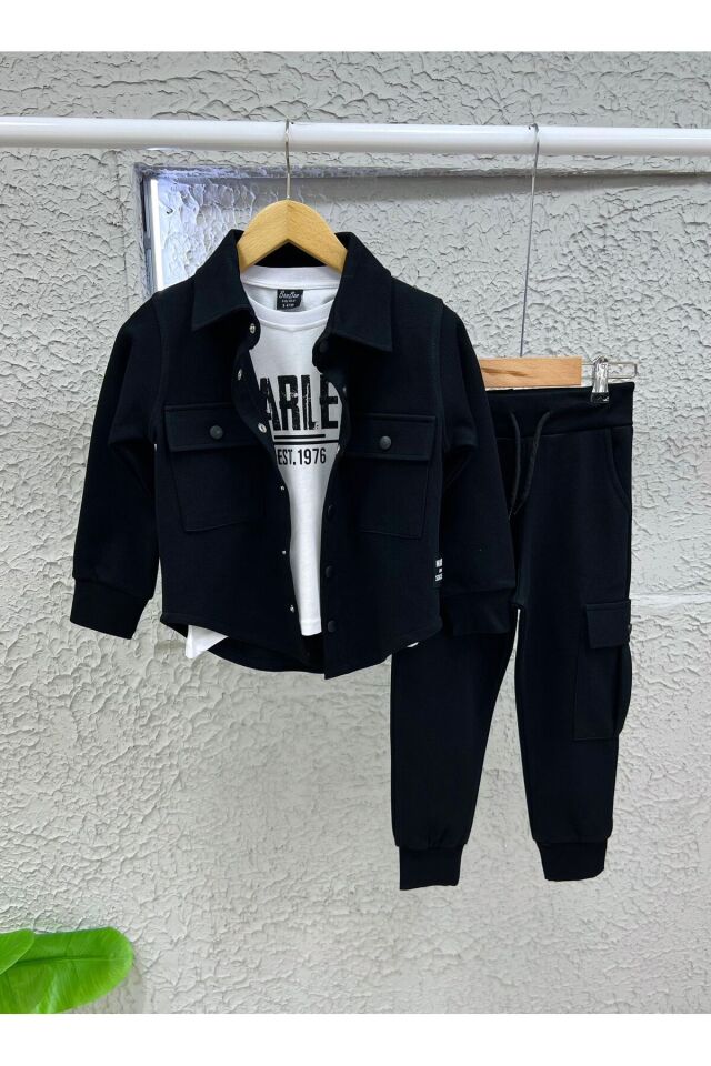 siyah cep kapaklı gömlek lek günlük 3 lü takım spor Siyah - 9-10 Yaş