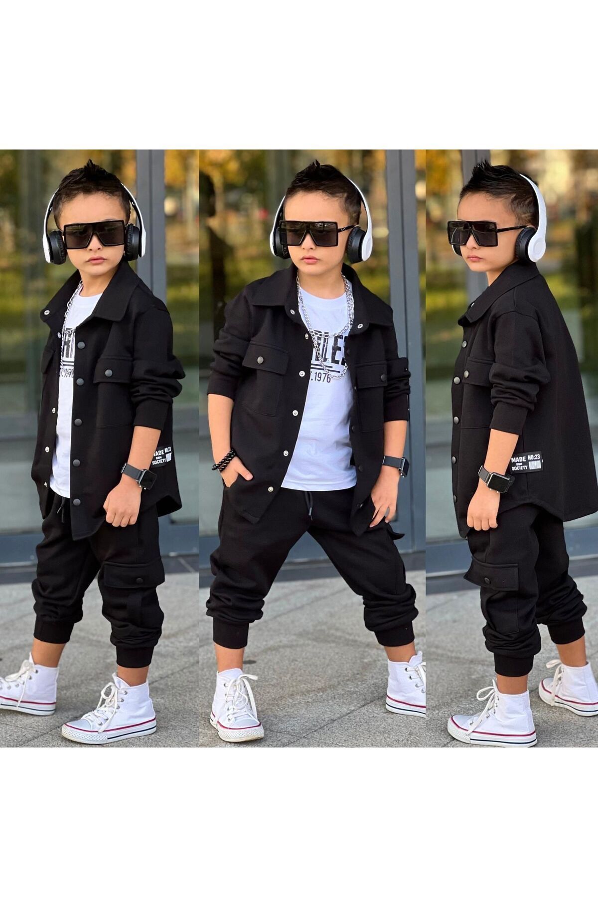 siyah cep kapaklı gömlek lek günlük 3 lü takım spor Siyah - 9-10 Yaş