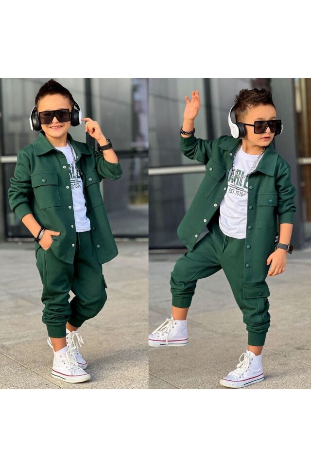 siyah cep kapaklı gömlek lek günlük 3 lü takım spor Yeşil - 9-10 Yaş