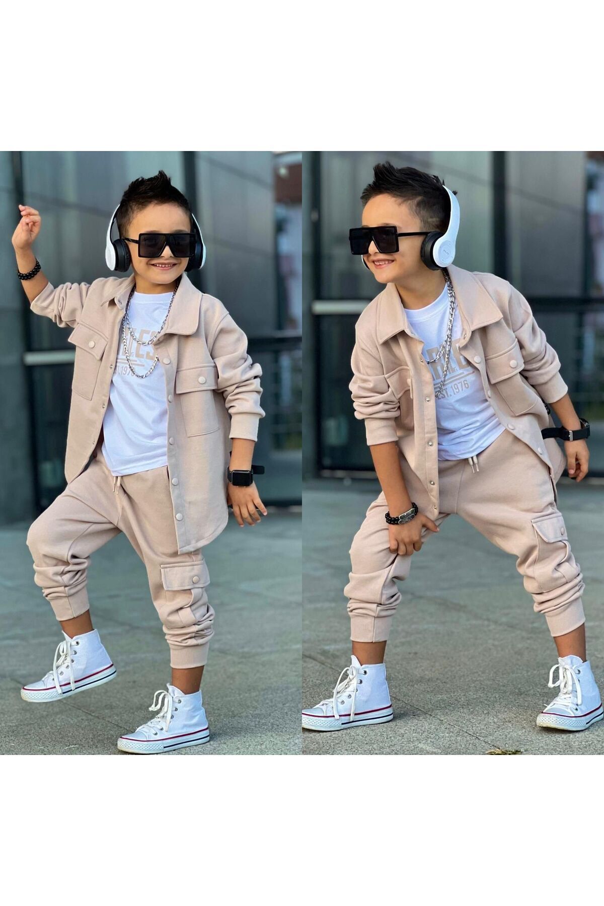 siyah cep kapaklı gömlek lek günlük 3 lü takım spor Ekru - 9-10 Yaş