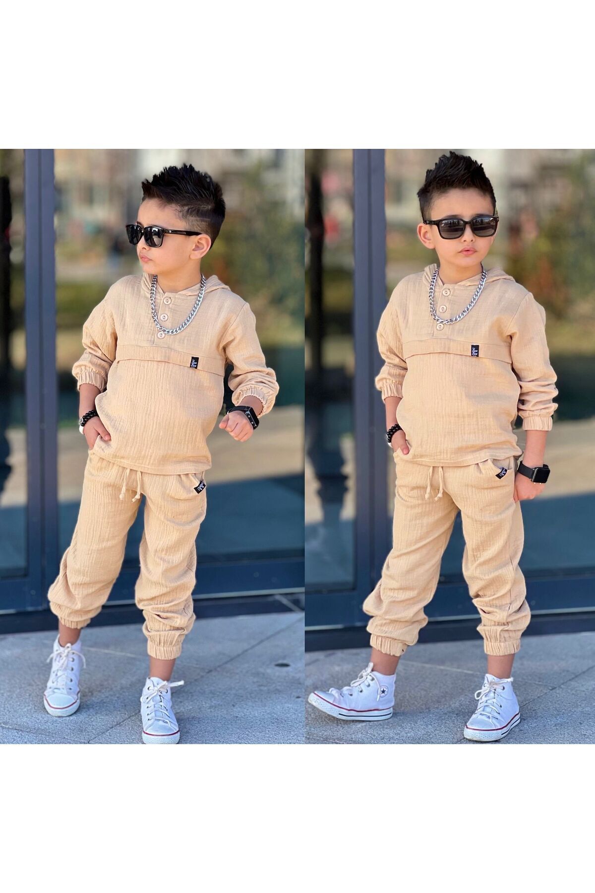 Müslin Kumaş Kapüşonlu 2li Takım Kol Bilek Büzgü Dedaylı Ekru - 3-4 Yaş