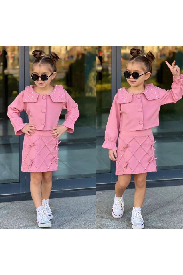 incili etekli 2li dabıl kumaş  kız takım pudra - 9-10 Yaş