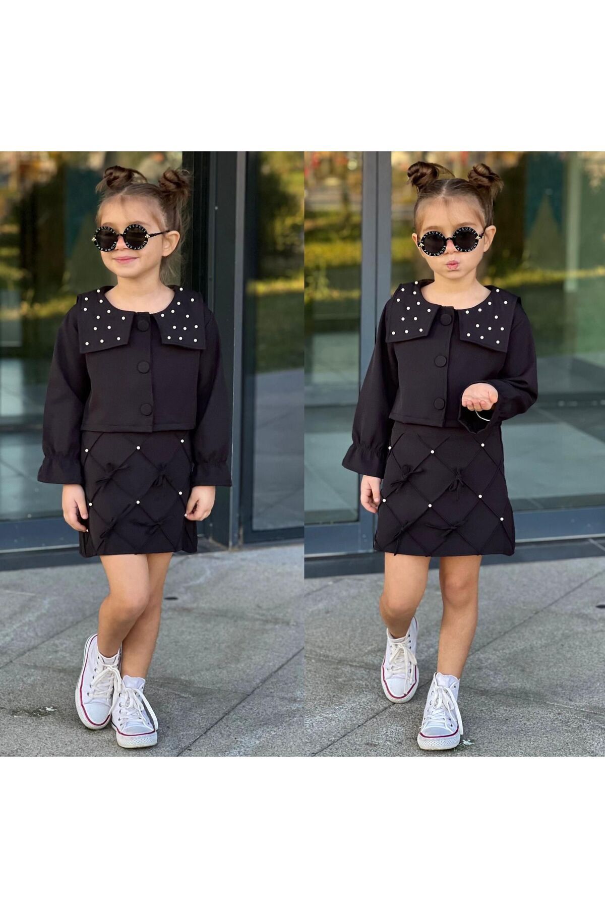 incili etekli 2li dabıl kumaş  kız takım Siyah - 7-8 Yaş