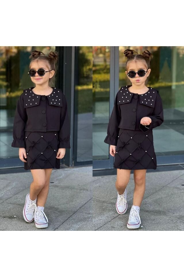 incili etekli 2li dabıl kumaş  kız takım Siyah - 7-8 Yaş