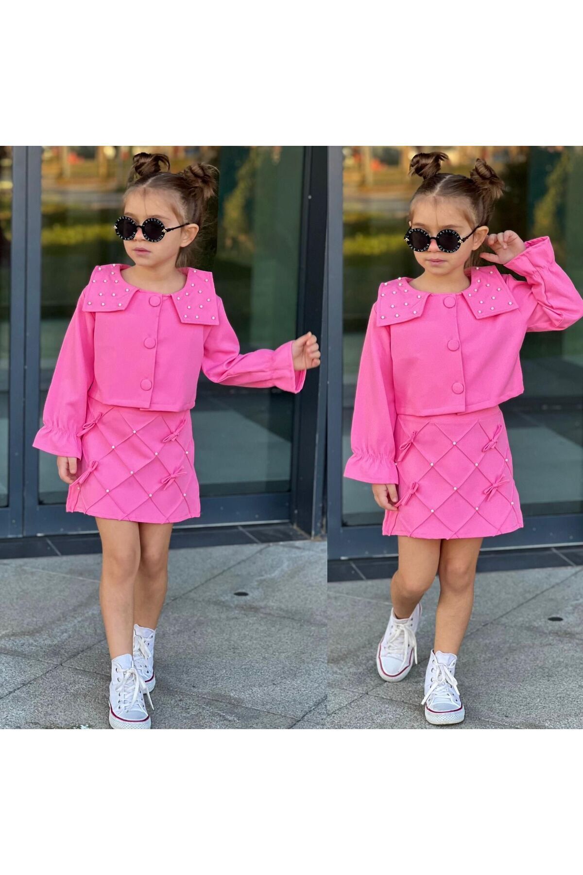 incili etekli 2li dabıl kumaş  kız takım Pembe - 7-8 Yaş