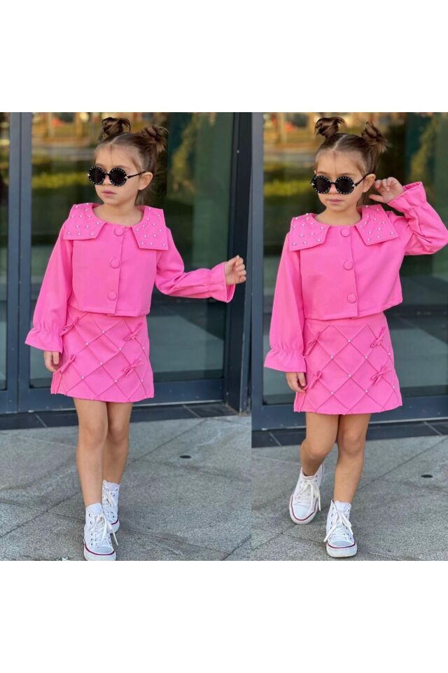 incili etekli 2li dabıl kumaş  kız takım Pembe - 7-8 Yaş