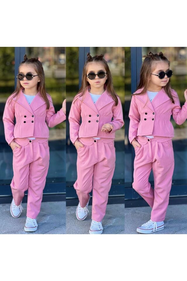 kız takım 3lü kombine ceketli t-shirt Pembe - 9-10 Yaş