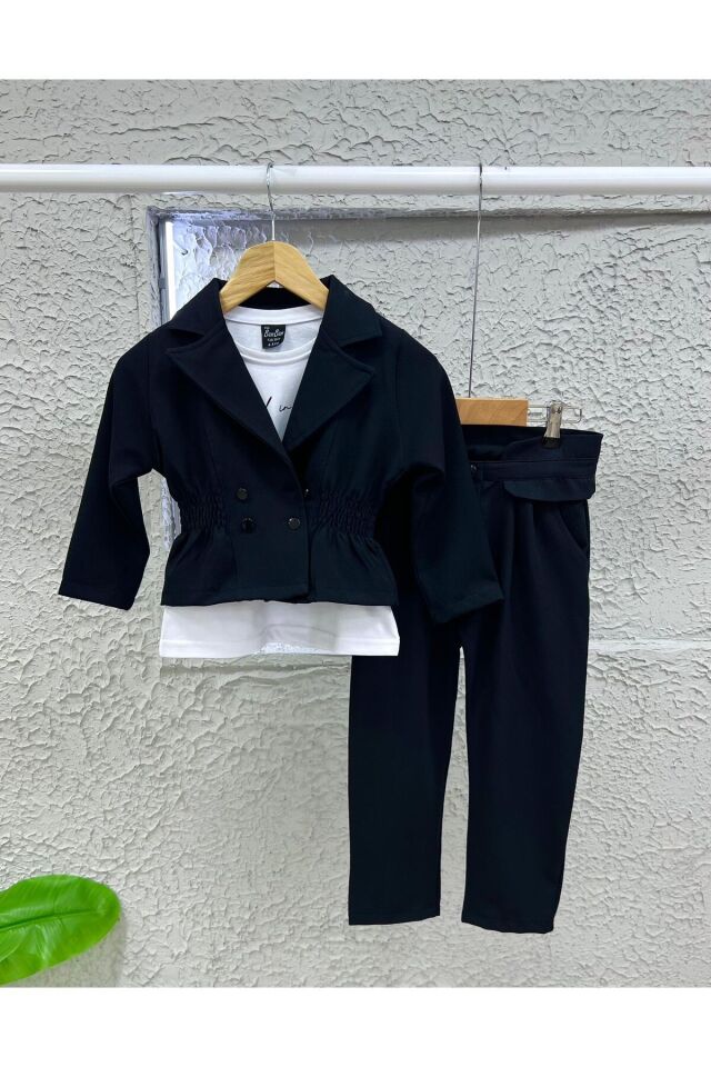 kız takım 3lü kombine ceketli t-shirt Siyah - 9-10 Yaş