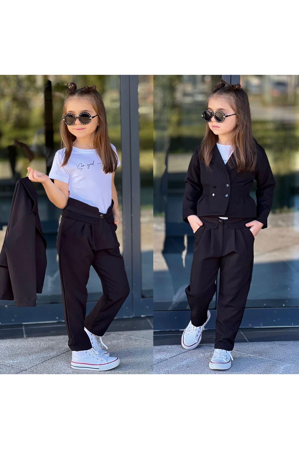 kız takım 3lü kombine ceketli t-shirt Siyah - 9-10 Yaş