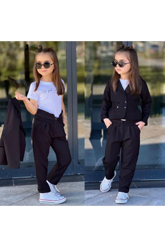 kız takım 3lü kombine ceketli t-shirt Siyah - 9-10 Yaş