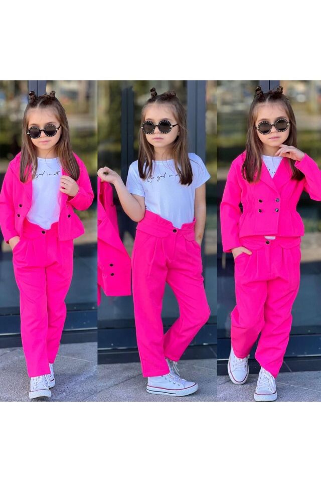 kız takım 3lü kombine ceketli t-shirt fuşya - 9-10 Yaş