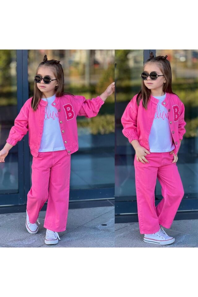gabardin ispanyol paca 3 lü kız takıım T-Shirt Pembe - 5-6 Yaş