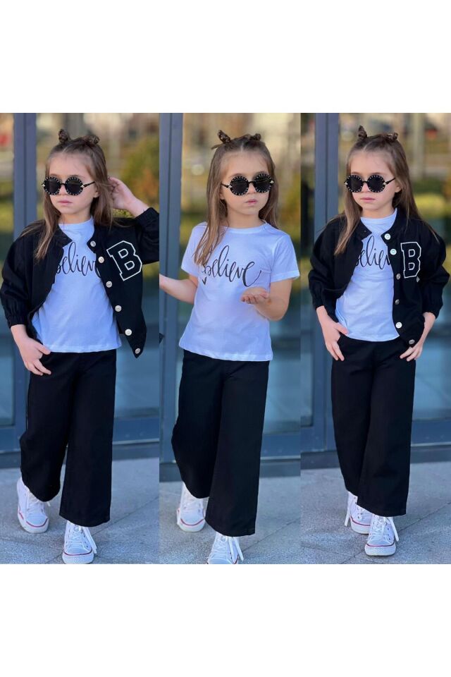 gabardin ispanyol paca 3 lü kız takıım T-Shirt Siyah - 9-10 Yaş