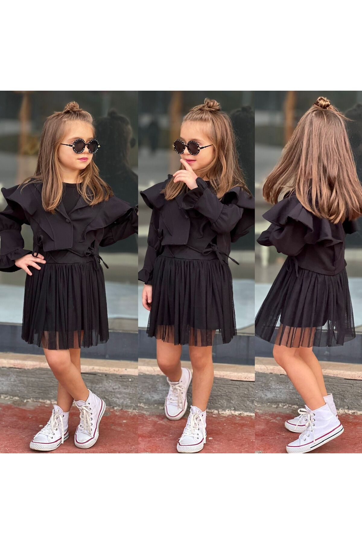 ceketli tül etekli kız takım bayramlık ikili takim 2li alt üst Siyah - 9-10 Yaş