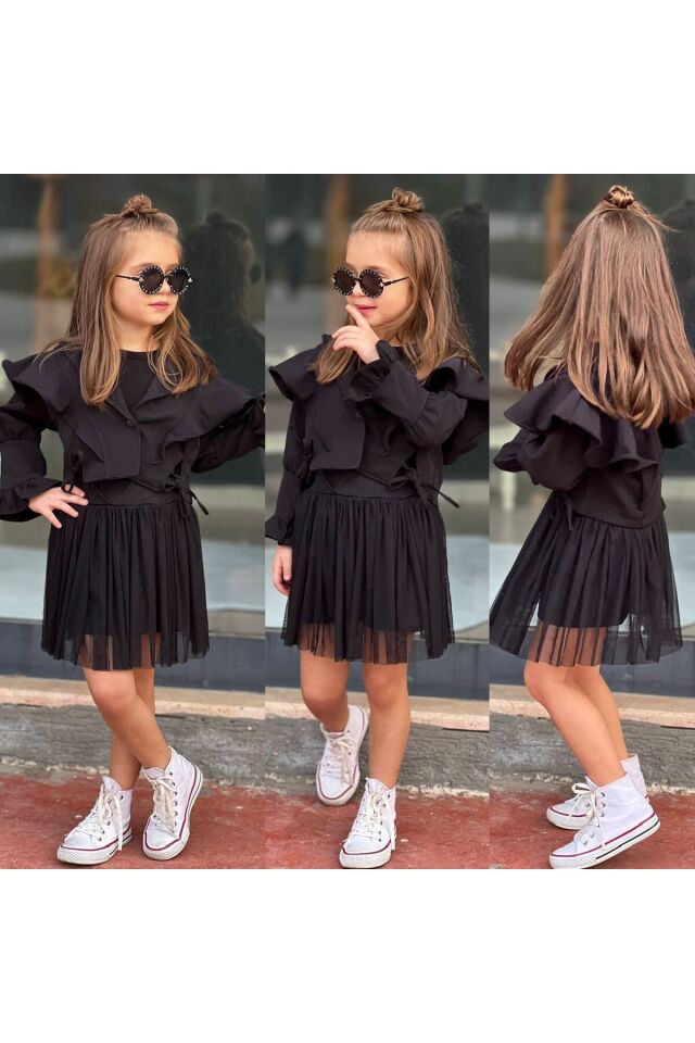 ceketli tül etekli kız takım bayramlık ikili takim 2li alt üst Siyah - 5-6 Yaş