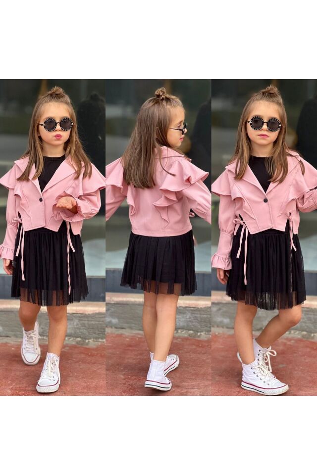 ceketli tül etekli kız takım bayramlık ikili takim 2li alt üst Pembe - 5-6 Yaş