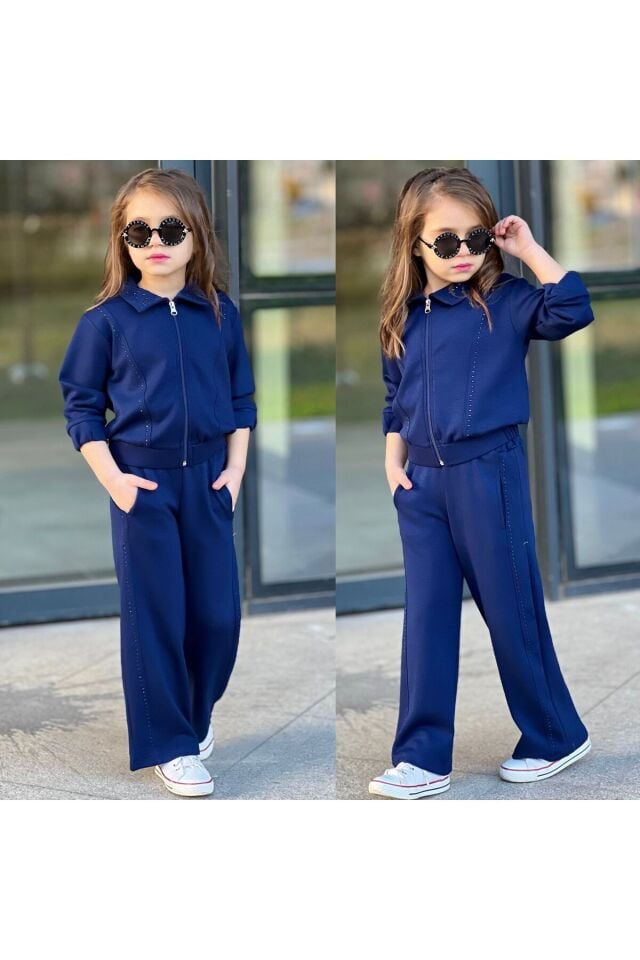 taşlı fermuarlı ikili takım alt üst takım Lacivert - 7-8 Yaş
