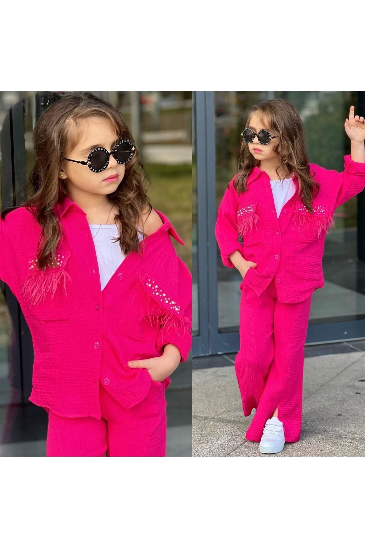 kız takım ismanyol müslin incili tüylü bayramlık giyim fusya - 7-8 Yaş