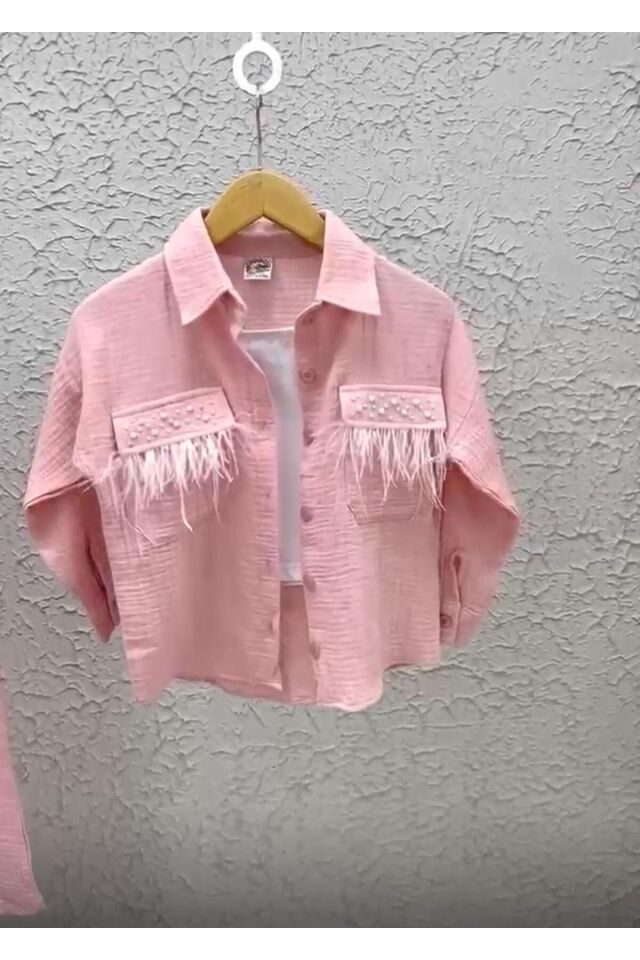 kız takım ismanyol müslin incili tüylü bayramlık giyim Pembe - 9-10 Yaş