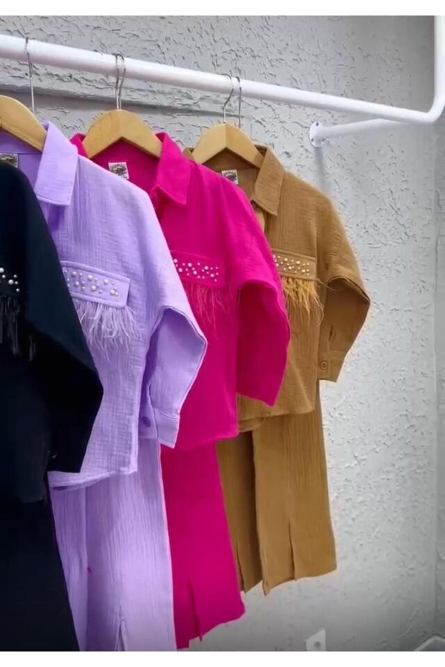 kız takım ismanyol müslin incili tüylü bayramlık giyim Pembe - 9-10 Yaş