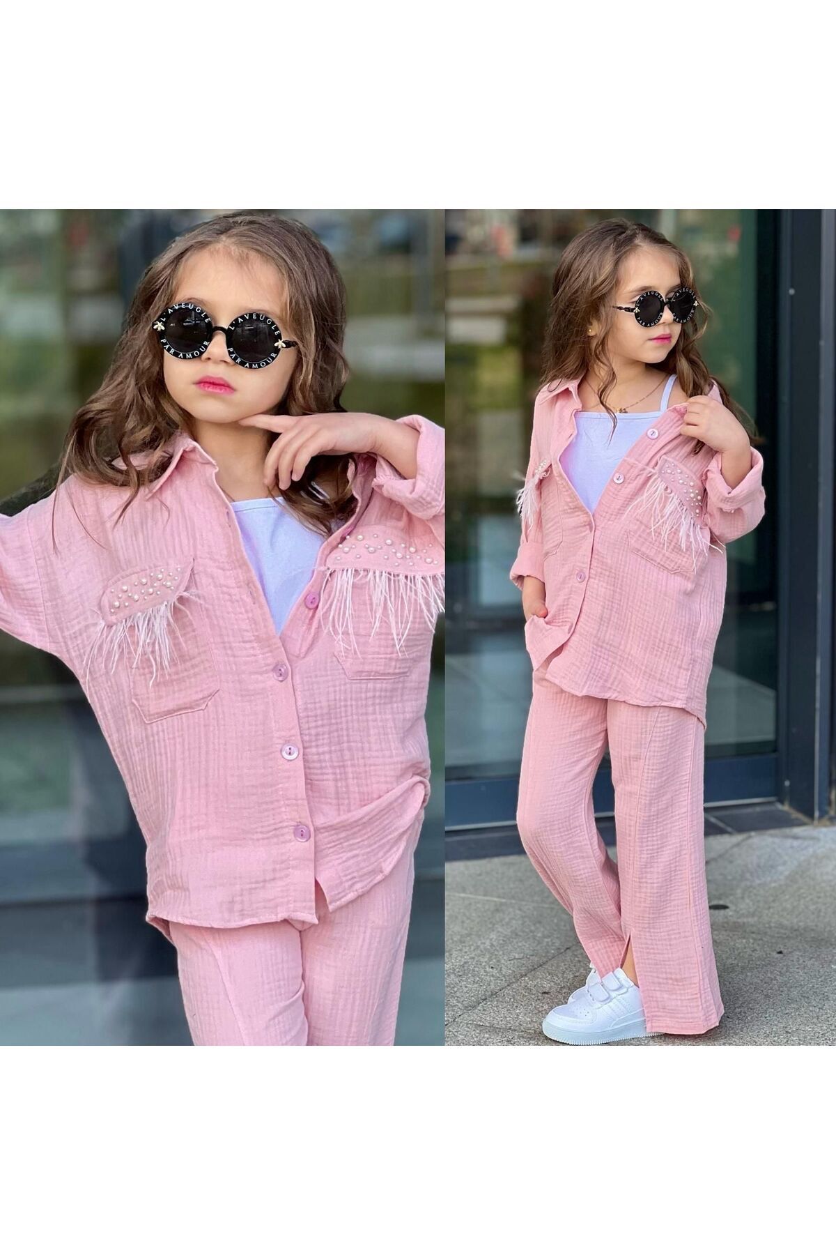 kız takım ismanyol müslin incili tüylü bayramlık giyim Pembe - 9-10 Yaş