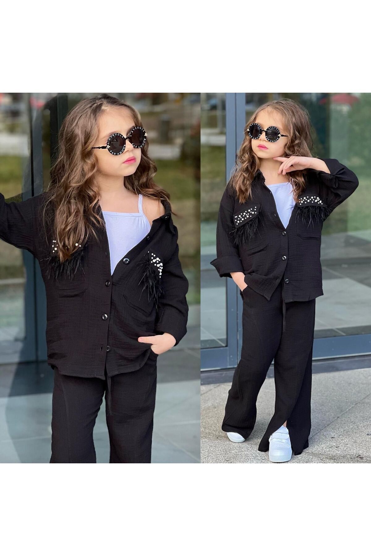 kız takım ismanyol müslin incili tüylü bayramlık giyim Siyah - 4-5 Yaş