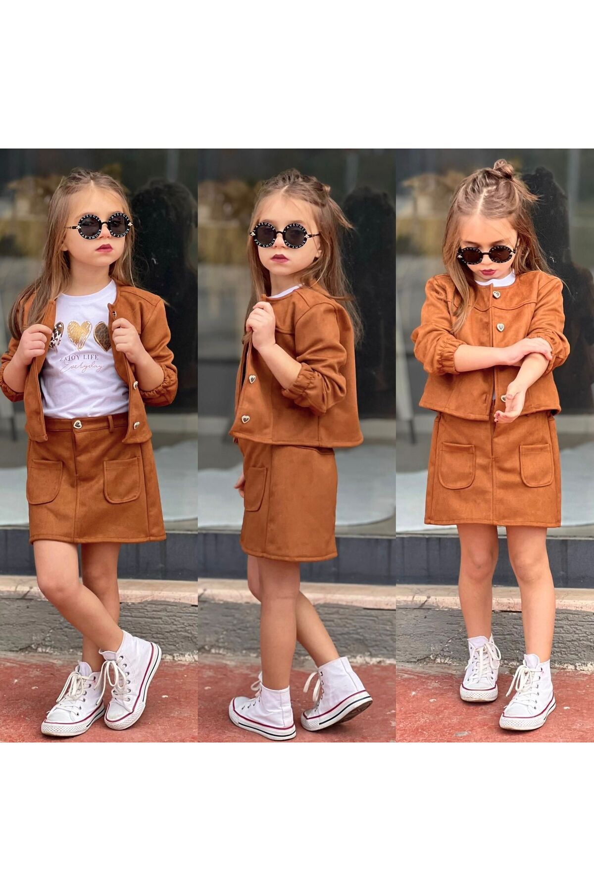 süet ceketli etekli kız takım üçlü kombin bayramlık Turuncu - 9-10 Yaş