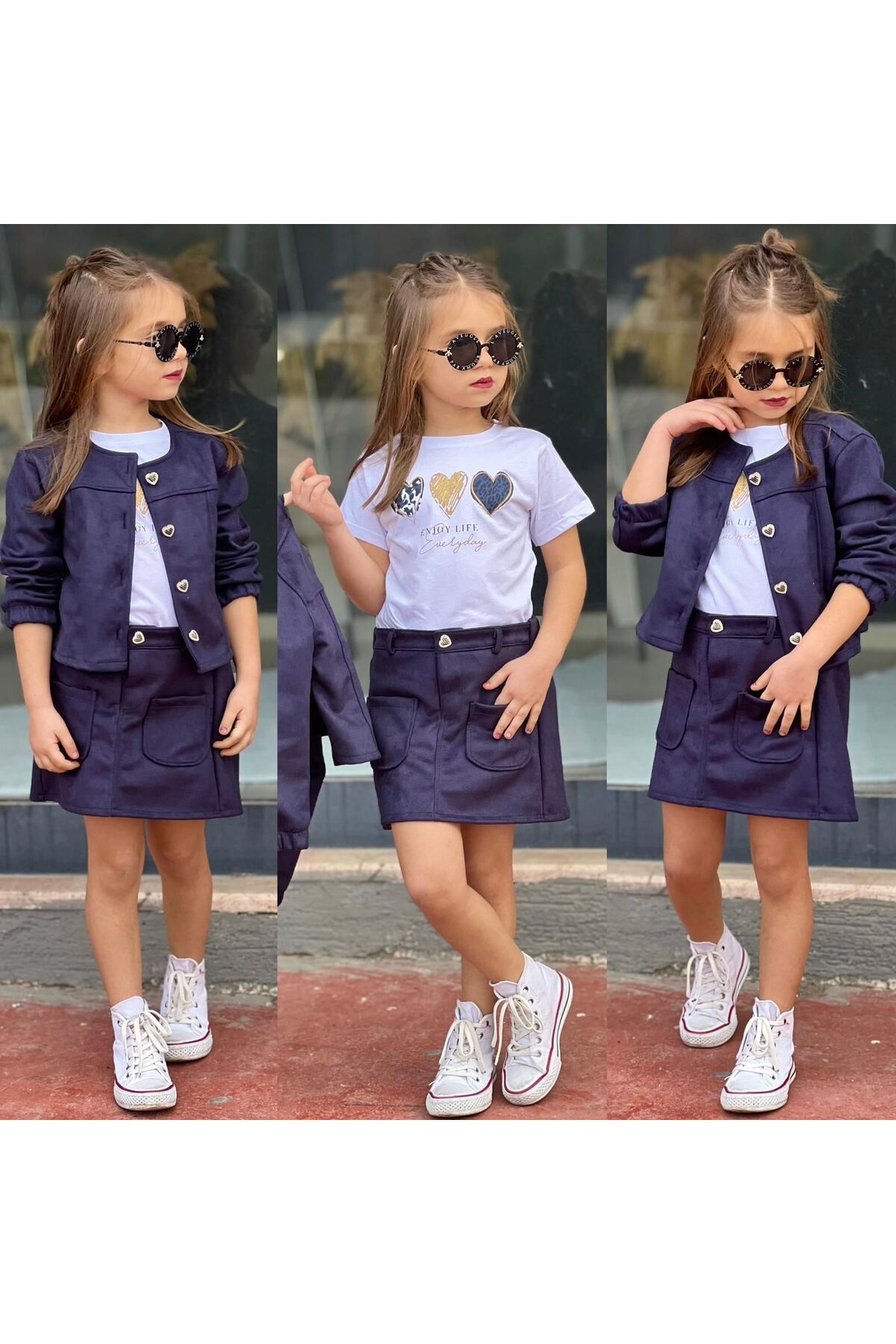 süet ceketli etekli kız takım üçlü kombin bayramlık Lacivert - 9-10 Yaş