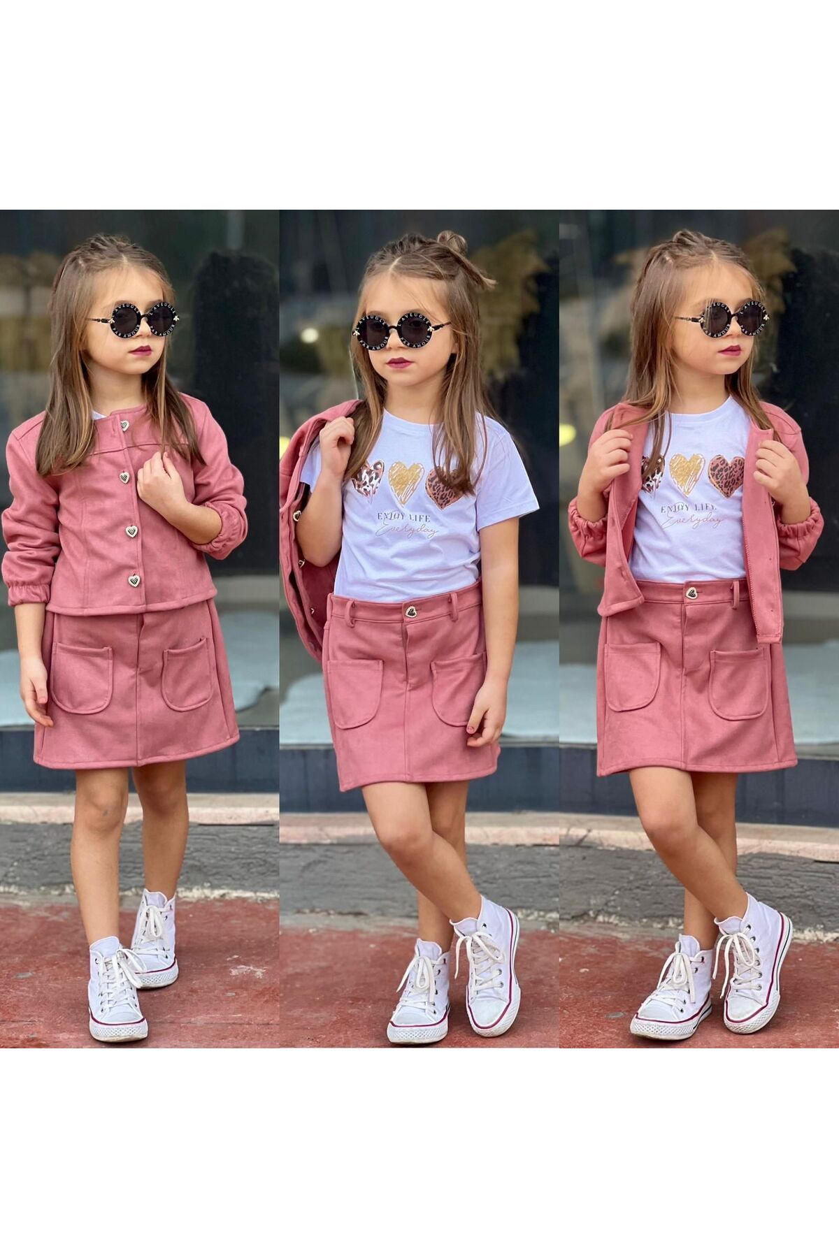 süet ceketli etekli kız takım üçlü kombin bayramlık Pembe - 3-4 Yaş