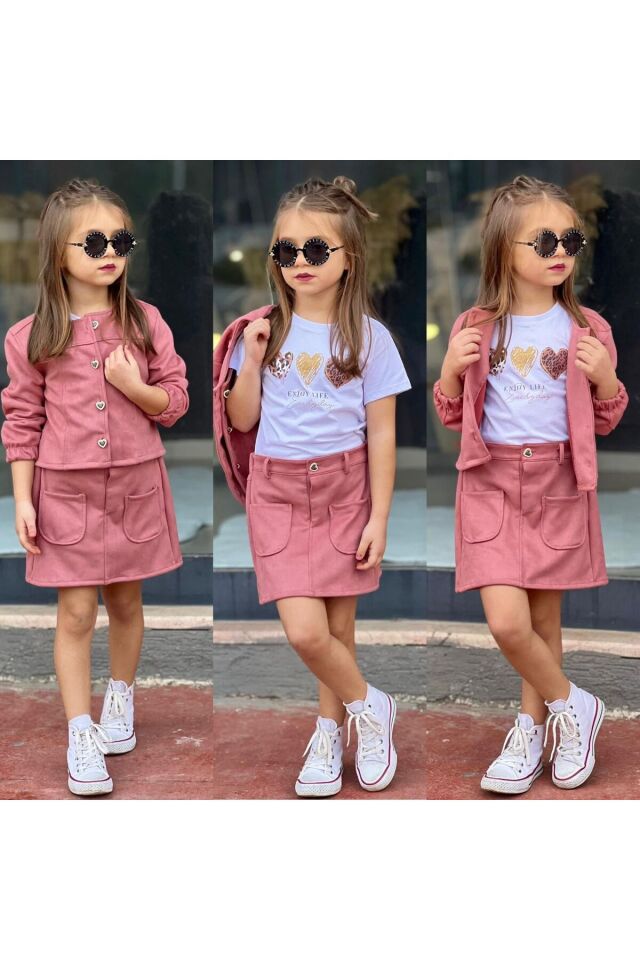 süet ceketli etekli kız takım üçlü kombin bayramlık Pembe - 3-4 Yaş