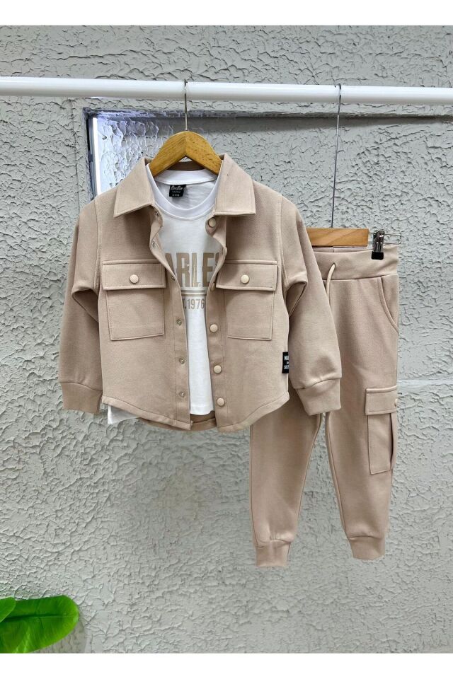 siyah cep kapaklı gömlek lek günlük 3 lü takım spor Ekru - 7-8 Yaş