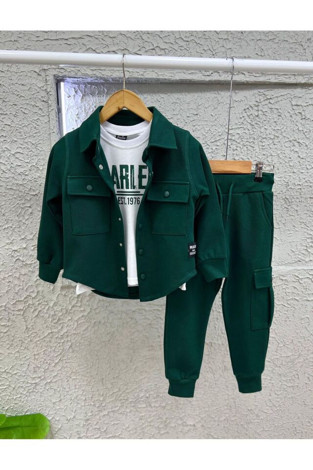 siyah cep kapaklı gömlek lek günlük 3 lü takım spor Yeşil - 11-12 Yaş