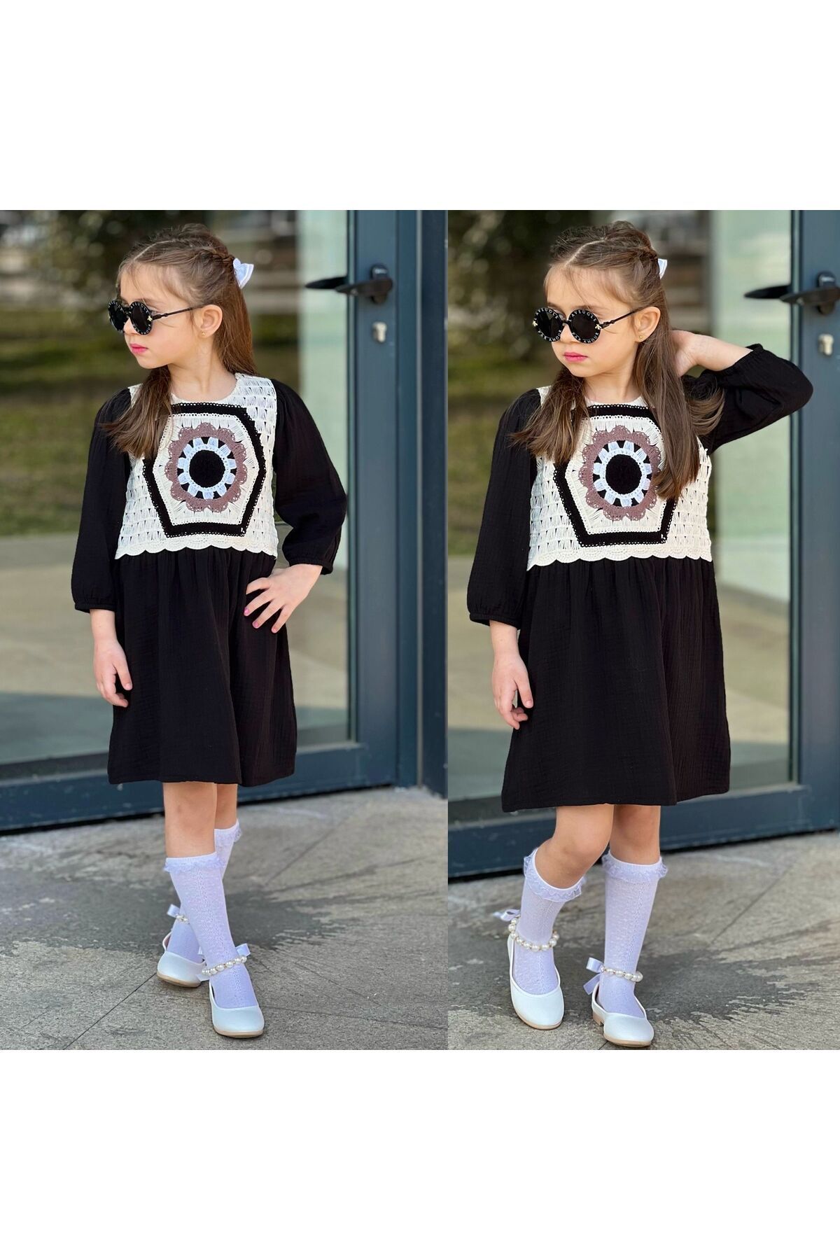 çocuk elbise nakis desenli müslin kumaş Siyah - 9-10 Yaş