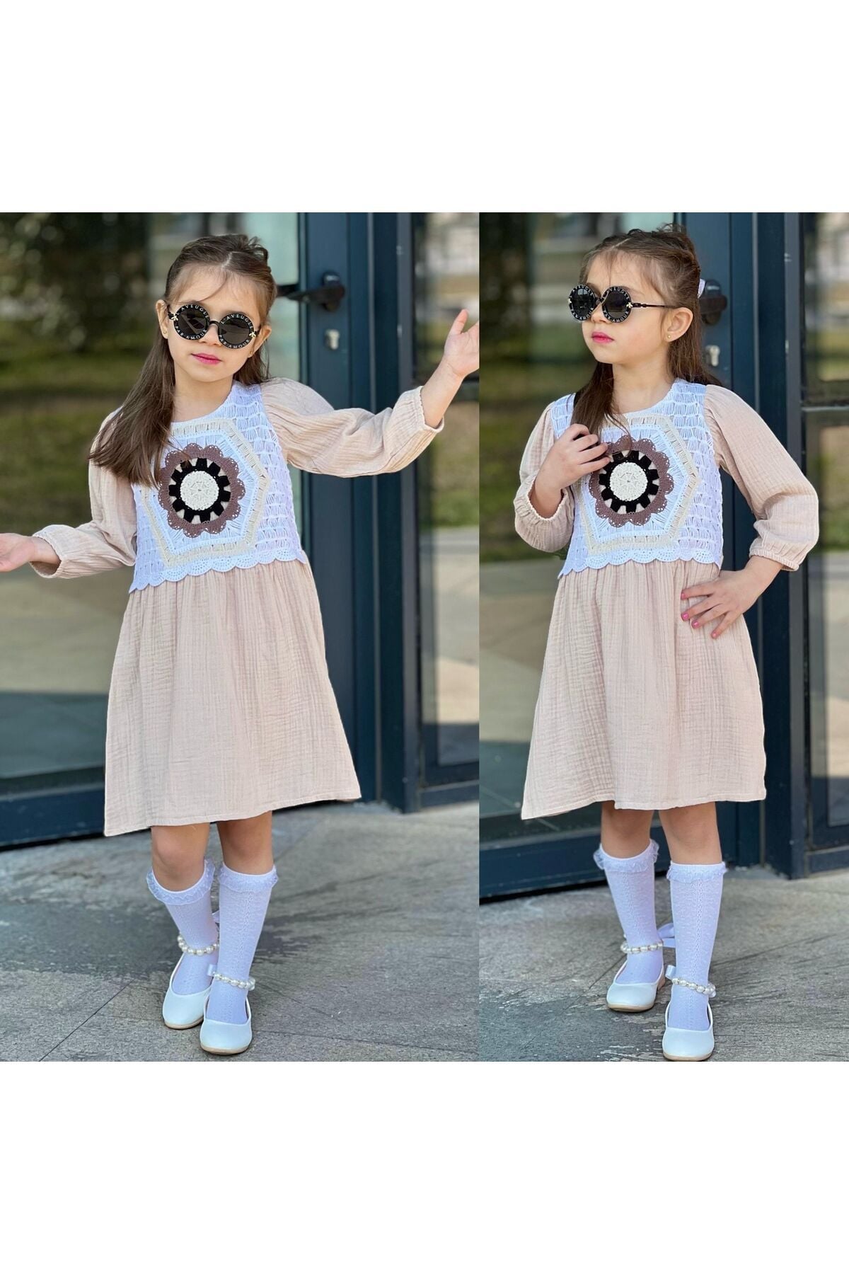 çocuk elbise nakis desenli müslin kumaş Ekru - 9-10 Yaş