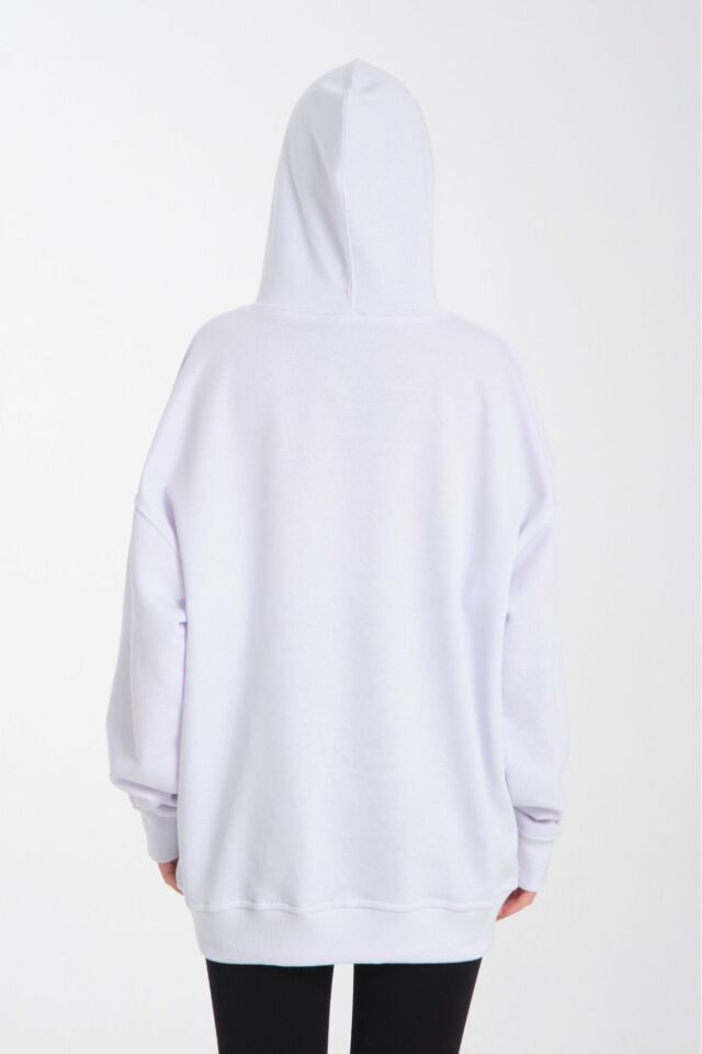 kapüşonlu oversize 3 iplik kumaş cepli Beyaz - S/M