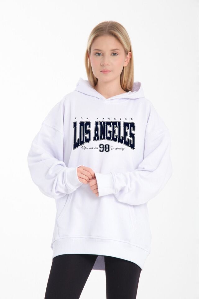 kapüşonlu oversize 3 iplik kumaş cepli Beyaz - S/M