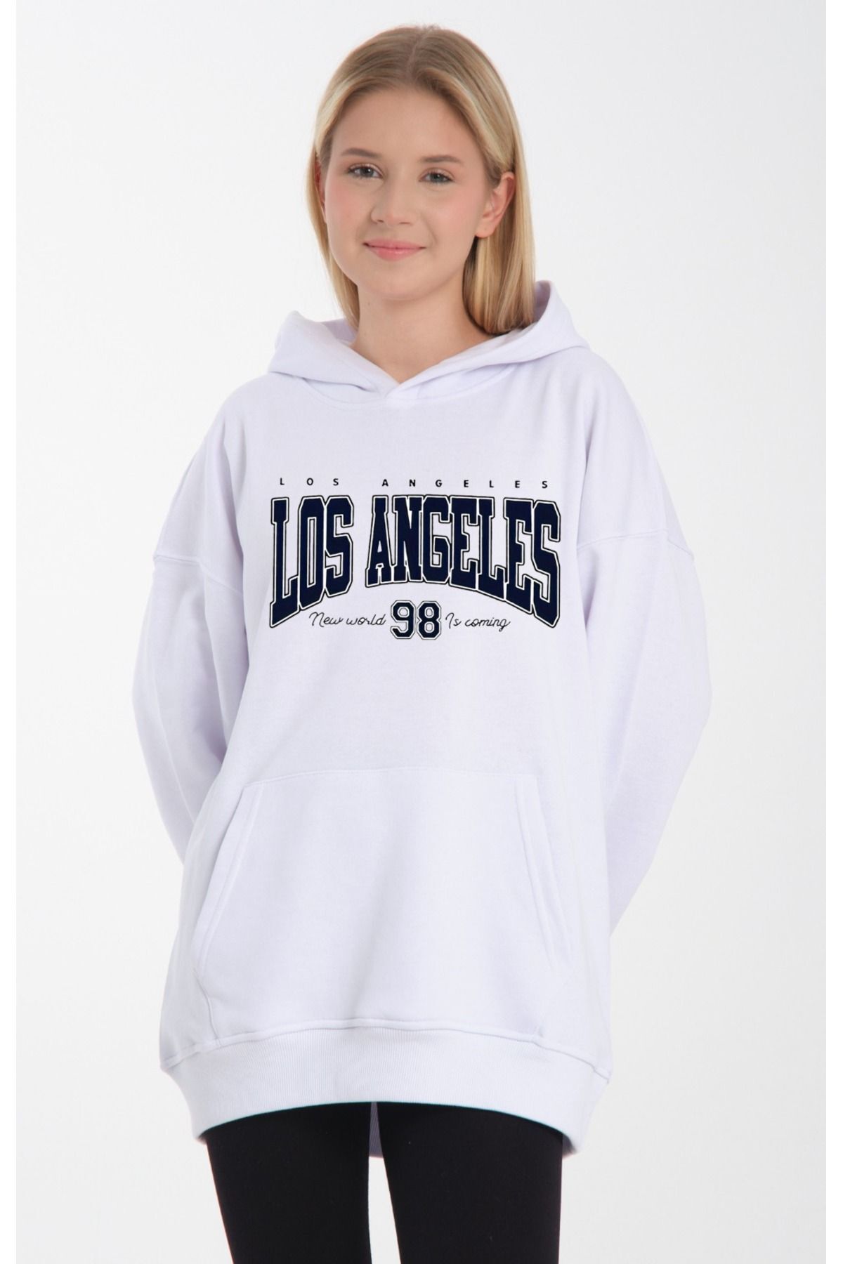 kapüşonlu oversize 3 iplik kumaş cepli Beyaz - S/M