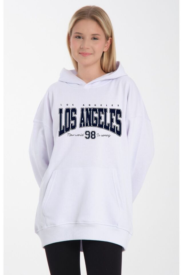 kapüşonlu oversize 3 iplik kumaş cepli Beyaz - S/M