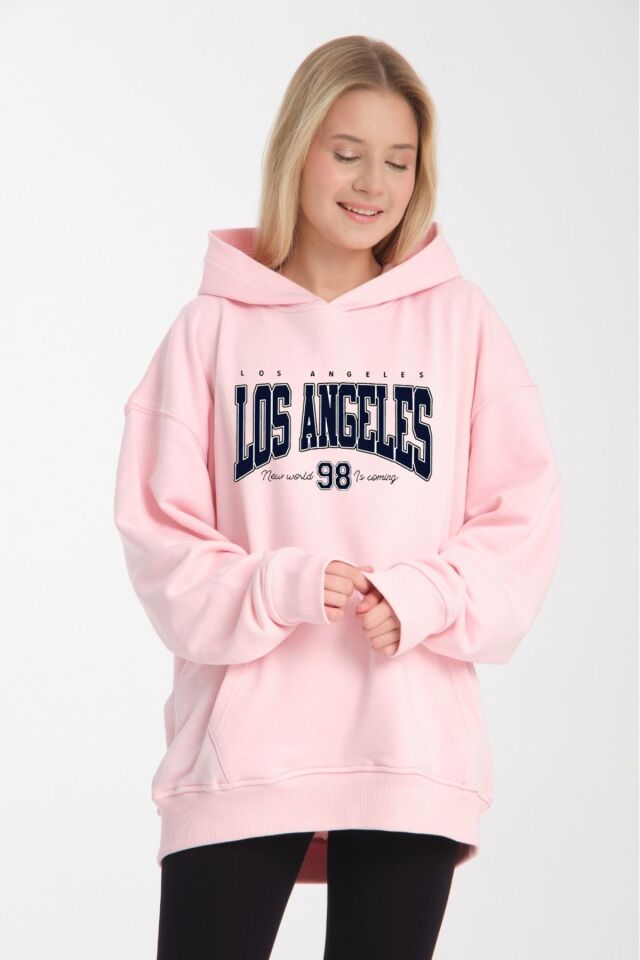 kapüşonlu oversize 3 iplik kumaş cepli Pembe - S/M