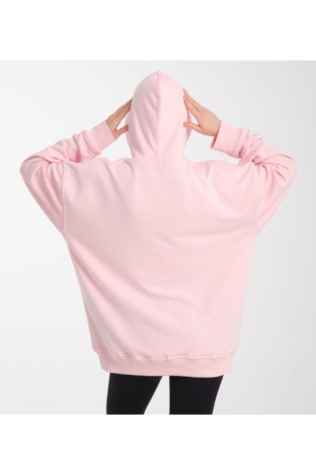 kapüşonlu oversize 3 iplik kumaş cepli Pembe - S/M