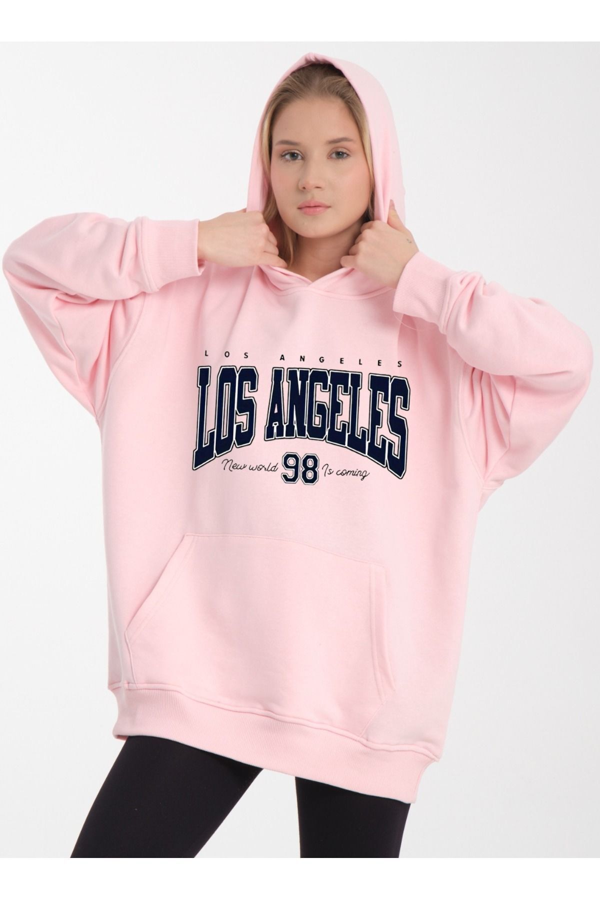 kapüşonlu oversize 3 iplik kumaş cepli Pembe - S/M