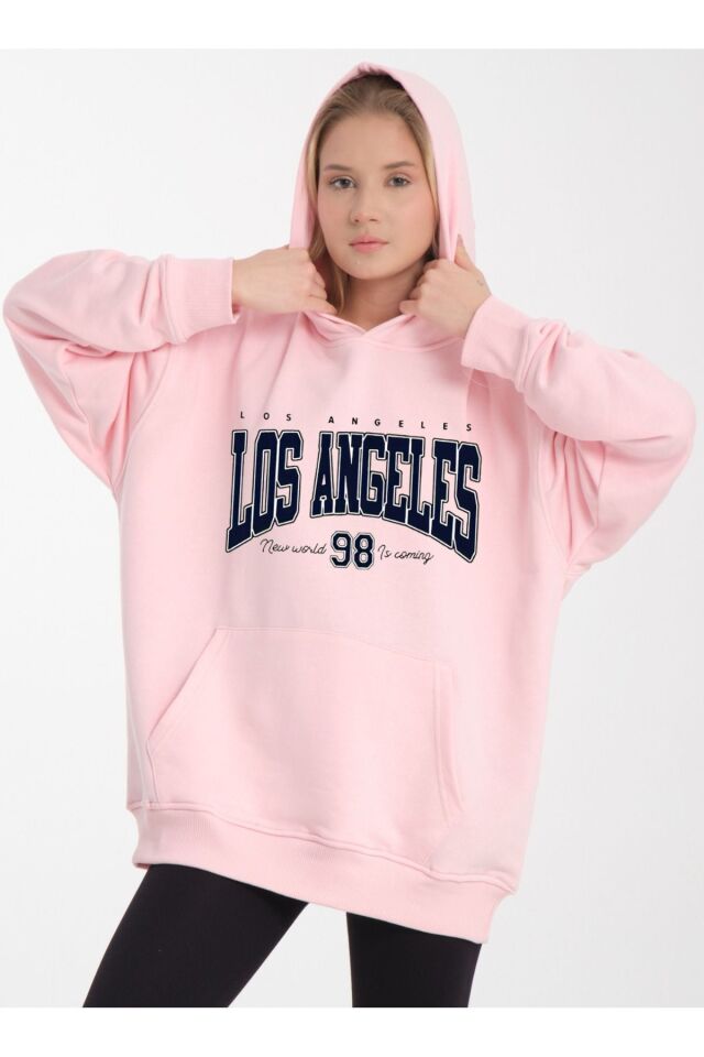 kapüşonlu oversize 3 iplik kumaş cepli Pembe - S/M