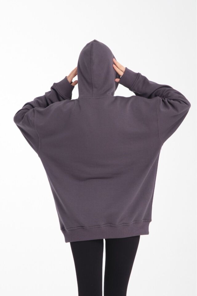 kapüşonlu oversize 3 iplik kumaş cepli füme - S/M